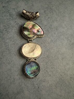 Silver Toned Abalone & Mother-of-Pearl Pendant - Iridescent Green/Blue/White